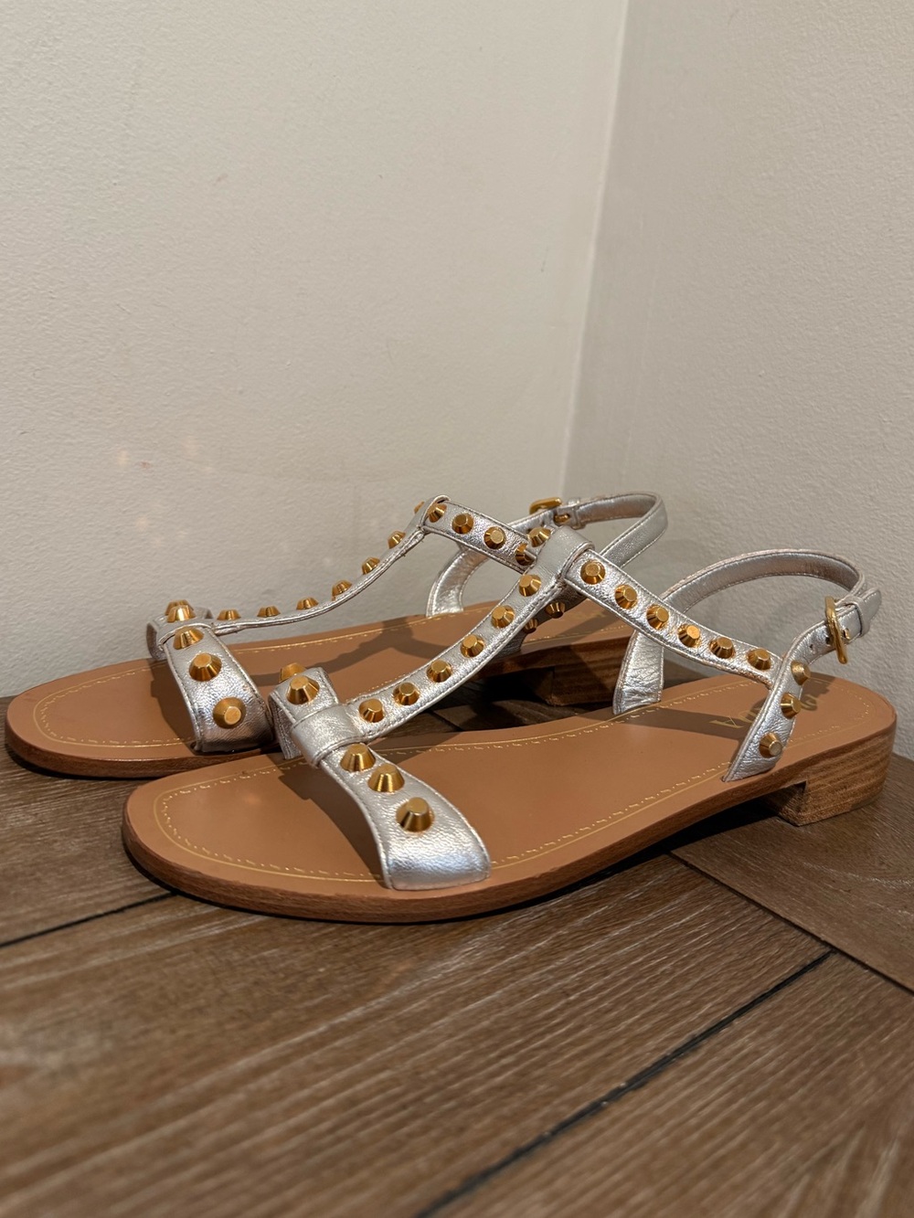 Prada Studded T Strap Flat Sandal Silver Gold Metallic Leather 39 Milano Italy